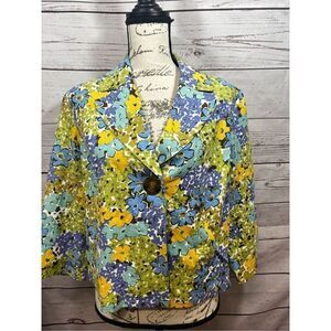 R.Q.T. Petite Floral Linen Blend Cropped‎ Blazer Jacket Blue Yellow Green PM